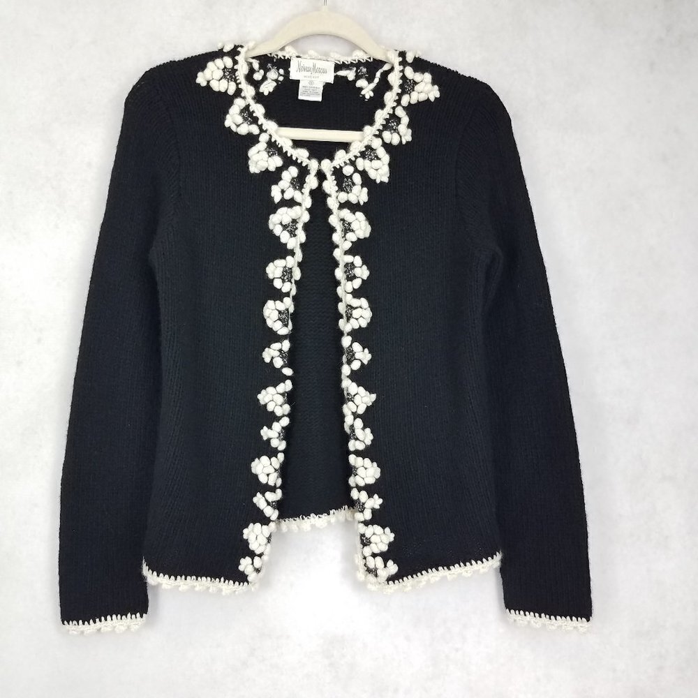 Vintage Neiman Marcus Cashmere Cardigan Sweater Hand Knit Black Womens S Crochet